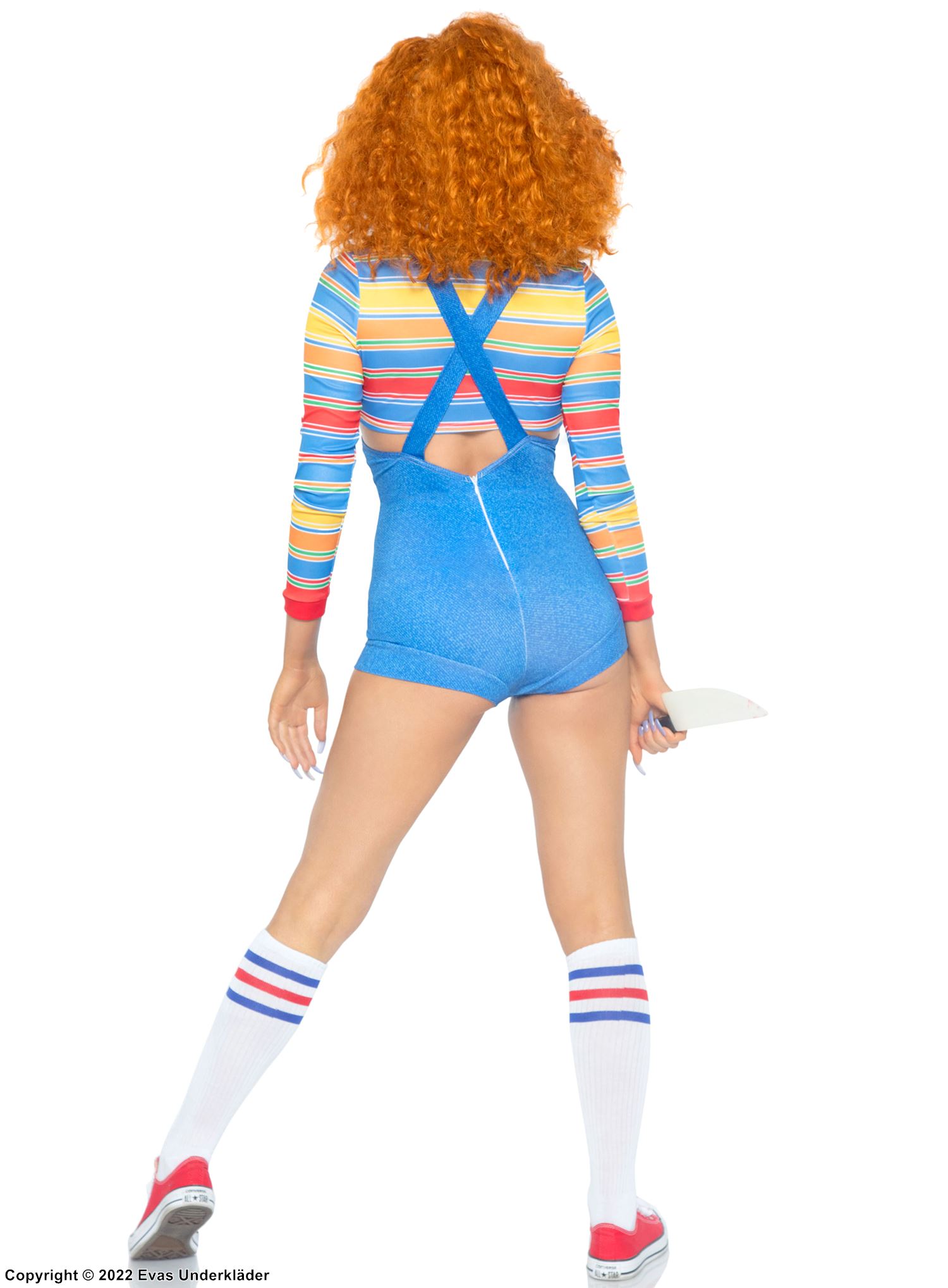 Chucky from Child's Play (woman), costume top and romper, buttons, pocket, horizontal stripes